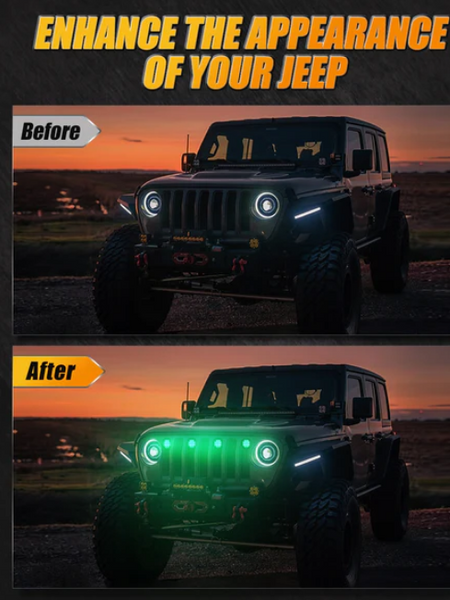 (4pcs/set) RGBW Neon LED Front Grille Lights with Wireless RF Remote Controller, Smartphone Bluetooth Controlled APP Compatible for 2007-2017 Wrangler JK