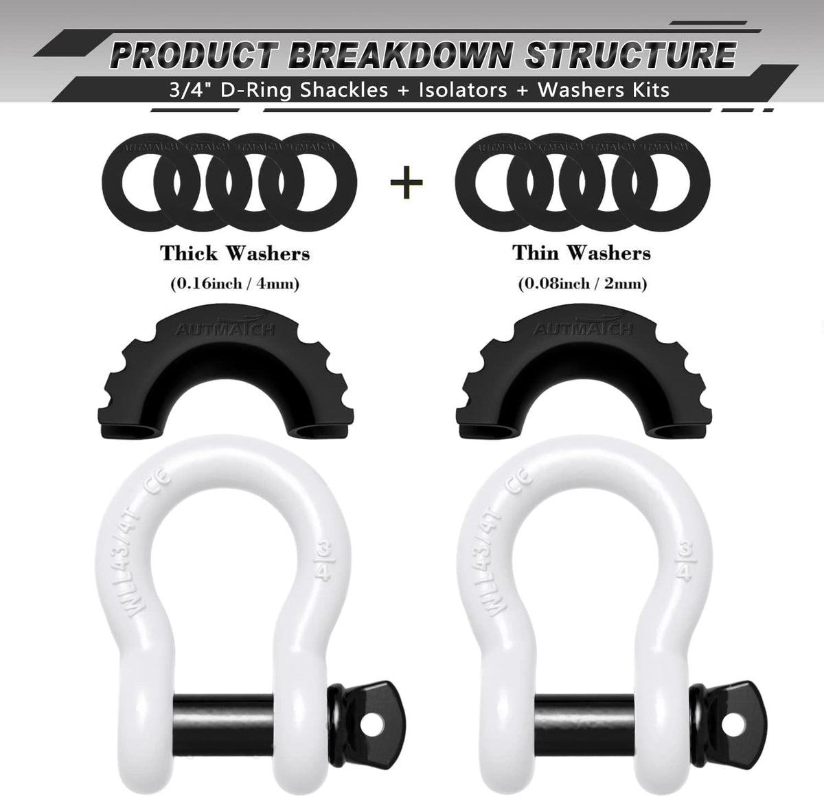 AUTMATCH D Ring Shackle 3/4" Shackles (2 Pack) 41,887Ibs Break Strengt