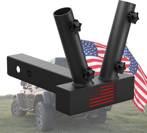 Hitch Mount Dual Flag Pole Holder Universal for Standard 2 inch Hitch Receivers - Compatible with Jeep, Truck, SUV, RV, Pickup, Camper Trailer, with Anti-Wobble Screw