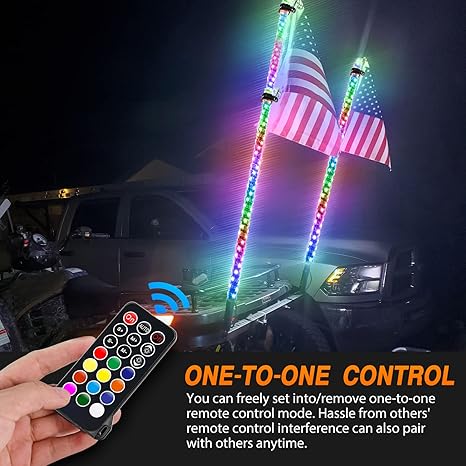 2PCS 5FT Spiral RGB Led Whip Light w/RGB Chasing/Dancing Light RF Remote Control Lighted Antenna Whips for Can-am ATV UTV RZR Polaris Dune Buggy 4 Wheeler Offroad Jeep Truck