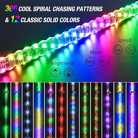 2PCS 5FT Spiral RGB Led Whip Light w/RGB Chasing/Dancing Light RF Remote Control Lighted Antenna Whips for Can-am ATV UTV RZR Polaris Dune Buggy 4 Wheeler Offroad Jeep Truck