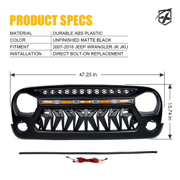 Venom Series Replacement Grille with LED Running Lights for Jeep Wrangler 2007-2018 JK
