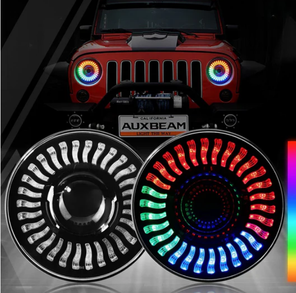 (2PCS/SET) 7 INCH 80W HI-LO BEAM LED HEADLIGHT WITH RGB FLOWING HALO RING APP CONTROL FOR JEEP WRANGLER JK, TJ, LJ, CJ