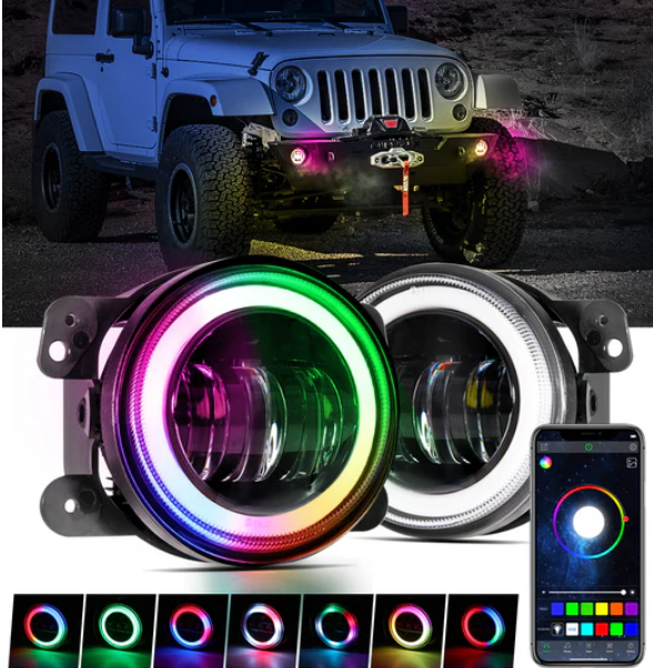 (2pcs/set) 4 Inch LED Fog Lights with RGB Halo Ring & Turn Signal Light, Bluetooth Control for Jeep Wrangler JK 2007-2017