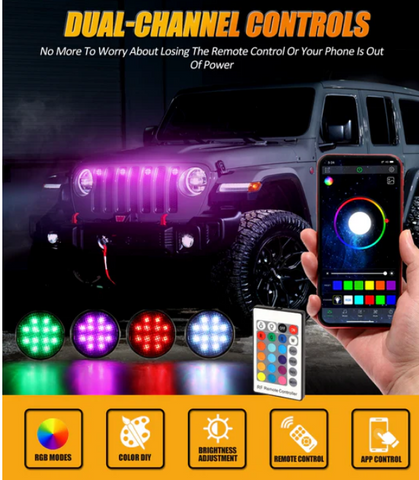 (4pcs/set) RGBW Neon LED Front Grille Lights with Wireless RF Remote Controller, Smartphone Bluetooth Controlled APP Compatible for 2007-2017 Wrangler JK