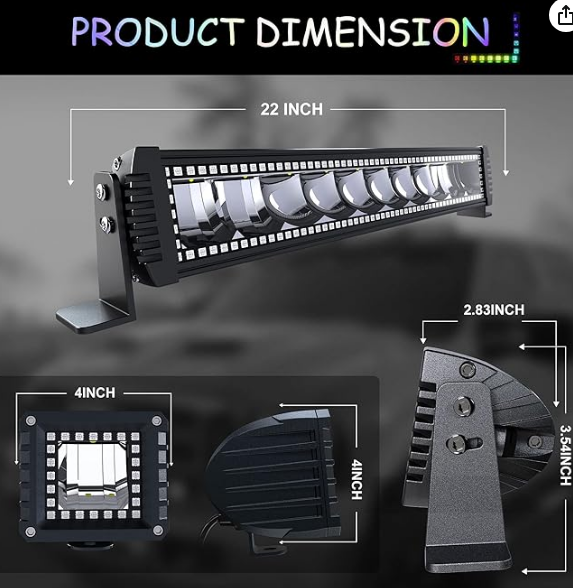 22" RGB LED Light Bar 2Pcs 4" Flood LED Pods with Multi-Color Chasing RGB Halo 16 Solid Colors Over 92 Flashing Modes Offroad Lights LED Driving Lamp Fog Lights with Switch Wiring Harness
