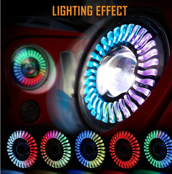 (2PCS/SET) 7 INCH 80W HI-LO BEAM LED HEADLIGHT WITH RGB FLOWING HALO RING APP CONTROL FOR JEEP WRANGLER JK, TJ, LJ, CJ