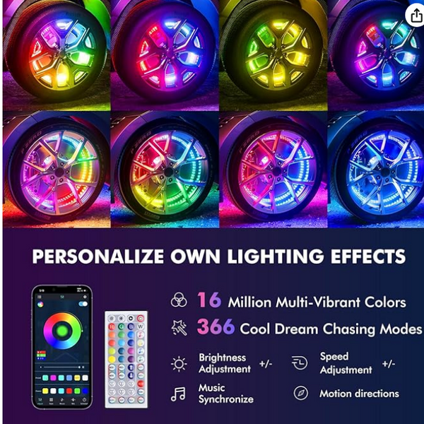 15.5" Double Row Wheel Lights, Brighter RGB Dream Chasing LED Rim Lights with App & Remote Control, Music Wheel Ring Lights with Turn & Braking Signal Compatible with Jeep Trucks SUV Car（4PCS）