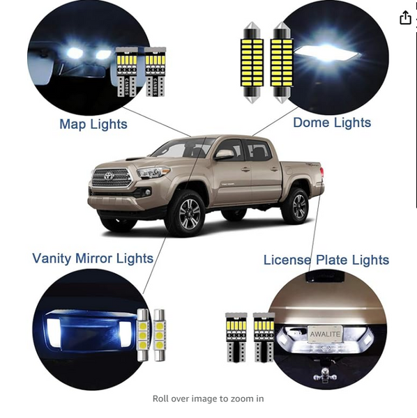 10pcs Tacoma Interior LED Lights Kit Super Bright LED Map Dome Light Bulbs for Toyota Tacoma 2005 2006 2007 2008 2009 2010 2011 2012 2013 2014 2015 2016 2017 2018 2019 2020 2021 2022 all models