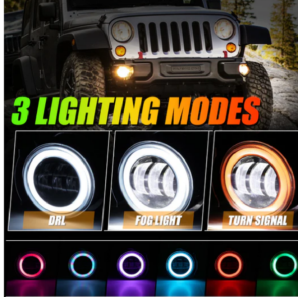 (2pcs/set) 4 Inch LED Fog Lights with RGB Halo Ring & Turn Signal Light, Bluetooth Control for Jeep Wrangler JK 2007-2017