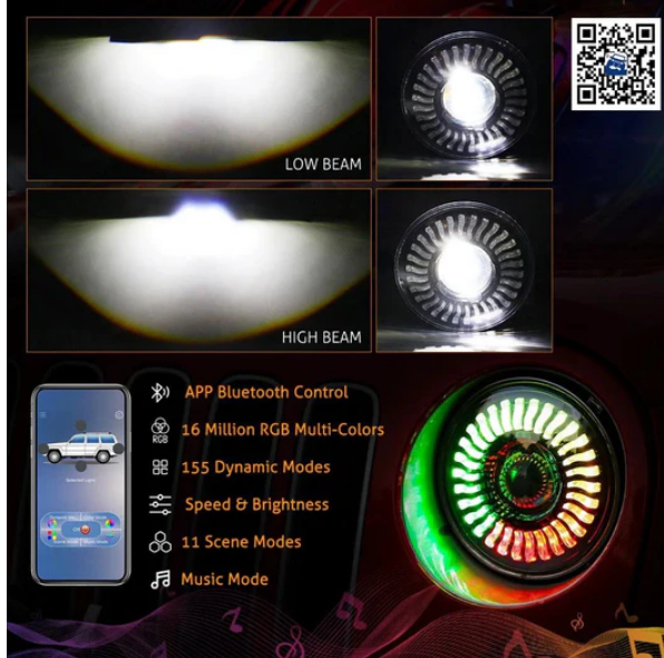 (2PCS/SET) 7 INCH 80W HI-LO BEAM LED HEADLIGHT WITH RGB FLOWING HALO RING APP CONTROL FOR JEEP WRANGLER JK, TJ, LJ, CJ