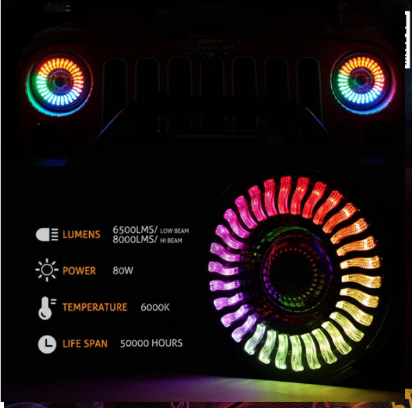 (2PCS/SET) 7 INCH 80W HI-LO BEAM LED HEADLIGHT WITH RGB FLOWING HALO RING APP CONTROL FOR JEEP WRANGLER JK, TJ, LJ, CJ