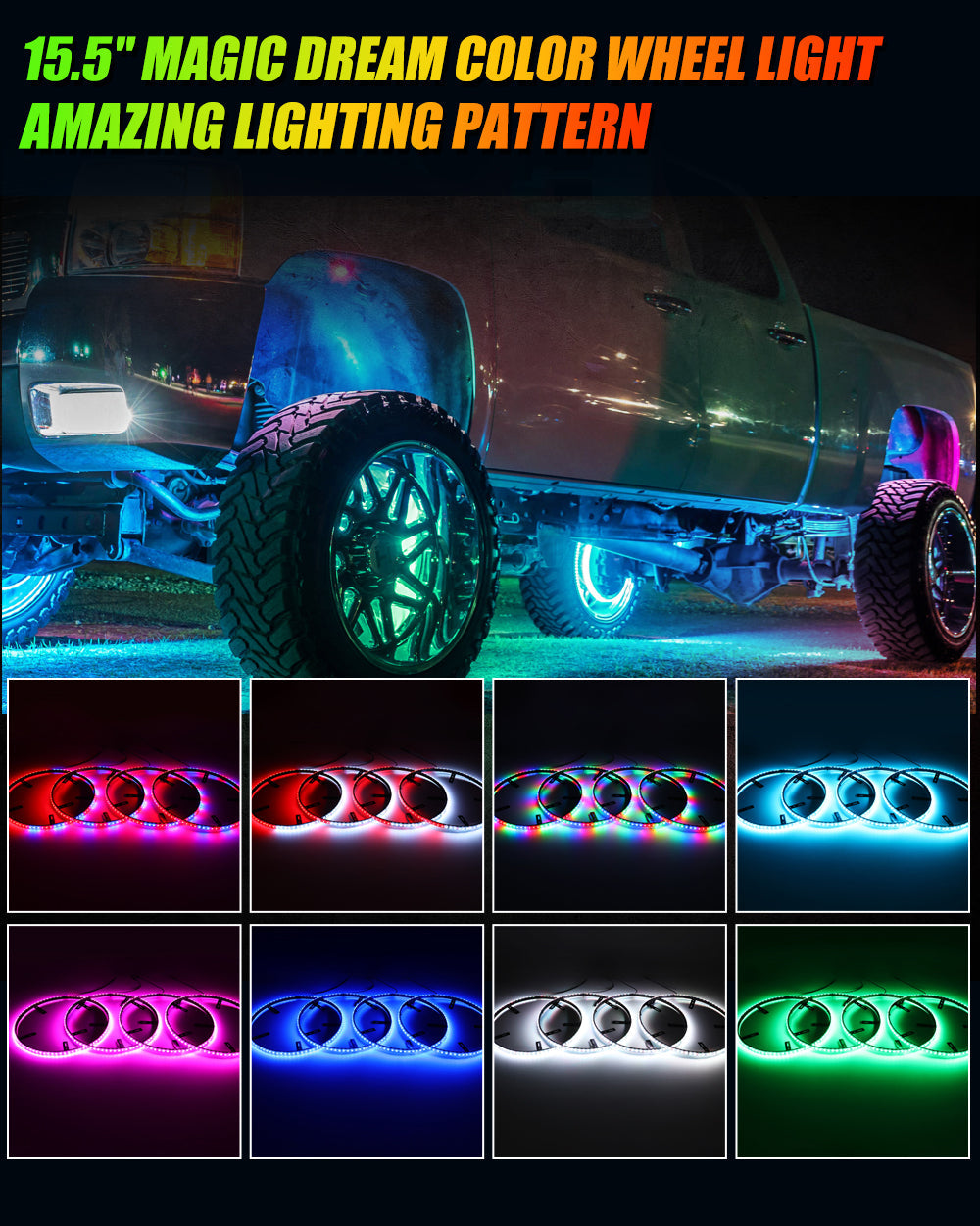 (4PCS/SET) 17" RGB LED WHEEL RING LIGHTS MAGIC DREAM COLOR NEON RIM LIGHT WITH APP & RF REMOTE CONTROL