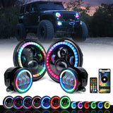 LED Headlamp & Fog Lamps Kits with Dancing Halo Compatible with 1997-2018 Jeep Wrangler JK TJ   7" RGB Headlights & 4" Fog Lights Combo with Bluetooth & IR Controlled