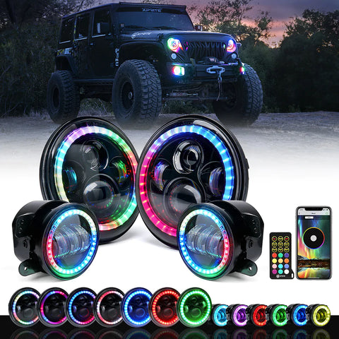 7" Halo LED Headlight & Fog Light with RGB for Jeep Wrangler JK