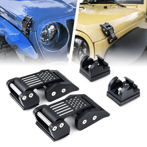 Black Aluminum Hood Latch Kit with U.S. Flag for 2007-2018 Jeep Wrangler JK & 2018+ Jeep Wrangler JL