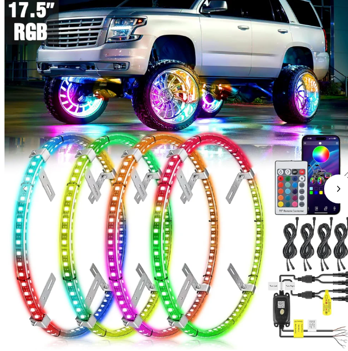 17.5 Inch LED Wheel Ring Lights Double Row RGB APP Remote Control 4Pcs