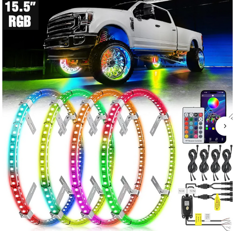 15.5 Inch LED Wheel Ring Lights Double Row RGB APP Remote Control 4Pcs