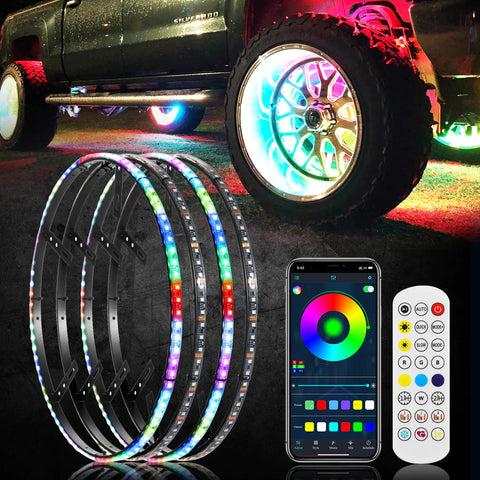 (4PCS/SET) 17" RGB LED WHEEL RING LIGHTS MAGIC DREAM COLOR NEON RIM LIGHT WITH APP & RF REMOTE CONTROL