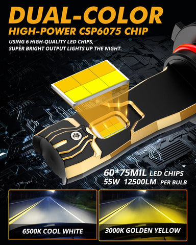 9005/HB3 LED Bulb Fog Lights/Low Beam Lights 110W 25000LM GX Bi-Color Series High Power & Brightness Dual Color Switchback | 2 Bulbs