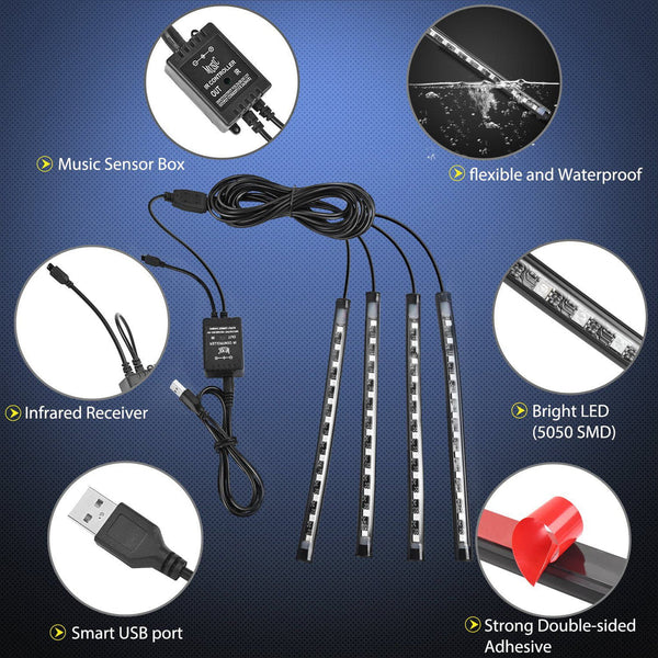 48 Leds Interior Light Strips DC 5V Music Sound Remote Control (4 Pcs)