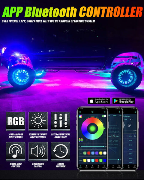 (4PCS/SET) 17" RGB LED WHEEL RING LIGHTS MAGIC DREAM COLOR NEON RIM LIGHT WITH APP & RF REMOTE CONTROL