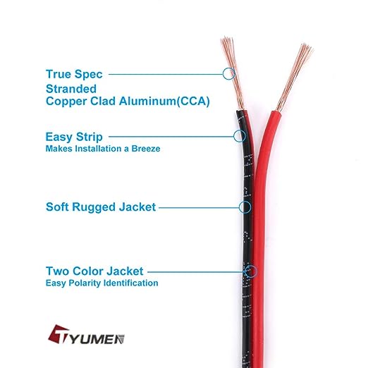 TYUMEN 50FT 12/2 Gauge 2pin 2 Color Red Black Cable Hookup Electrical Wire LED Strips Extension Wire 12V/24V DC Cable, 12AWG Flexible Wire Extension Cord for LED Ribbon Lamp Tape Lighting