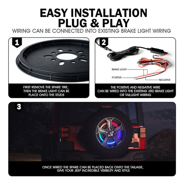 14" Spare Tire RGB LED Brake Light with Remote Control For 2007-2018 Jeep Wrangler JK & 2018+ JL