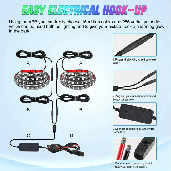 60 Inch 180Leds RGBIC APP RF Remote Control LED Bed Light Strip 2PCS