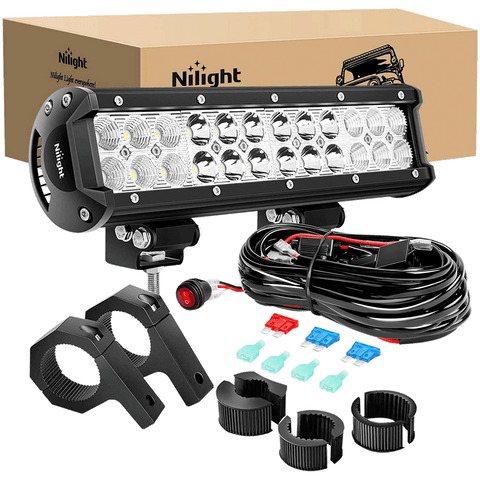 12" 72W Double Row Spot/Flood Led Light Bar | Horizontal Tube Clamp Mount | 12FT Wire 3Pin Switch