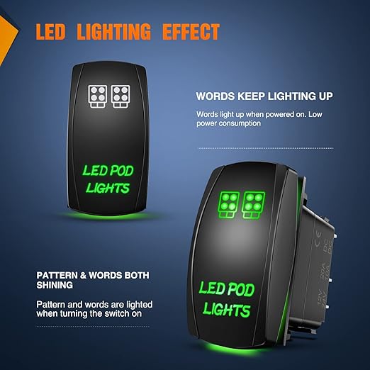 LED POD Lights Rocker Switch Led Light Bar Switch 5Pin Laser On/Off switches 20A/12V 10A/24V Switch with Jumper Wires Set for Cars,Trucks,RVs