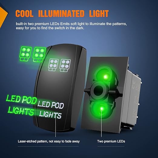 LED POD Lights Rocker Switch Led Light Bar Switch 5Pin Laser On/Off switches 20A/12V 10A/24V Switch with Jumper Wires Set for Cars,Trucks,RVs