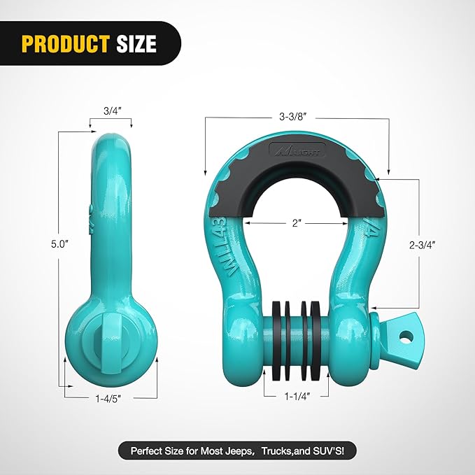 2 Pack 3/4" D-Ring Shackle with 7/8" Screw Pin 41,887lbs Break Strength, Heavy Duty Off Road Recovery Shackle with Isolators Washers for Use with Tow Strap, Winch, Off-Road Jeep Truck Vehicle