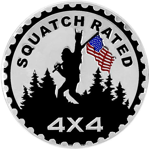 Squatch American Flag Badge Rated Car Emblem, 4 x 4 Metal Automotive Badge