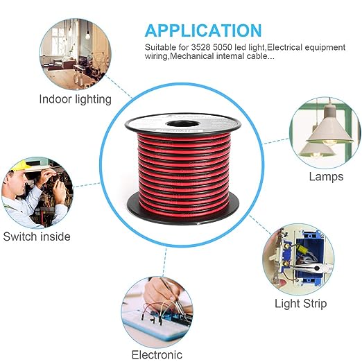 TYUMEN 50FT 12/2 Gauge 2pin 2 Color Red Black Cable Hookup Electrical Wire LED Strips Extension Wire 12V/24V DC Cable, 12AWG Flexible Wire Extension Cord for LED Ribbon Lamp Tape Lighting