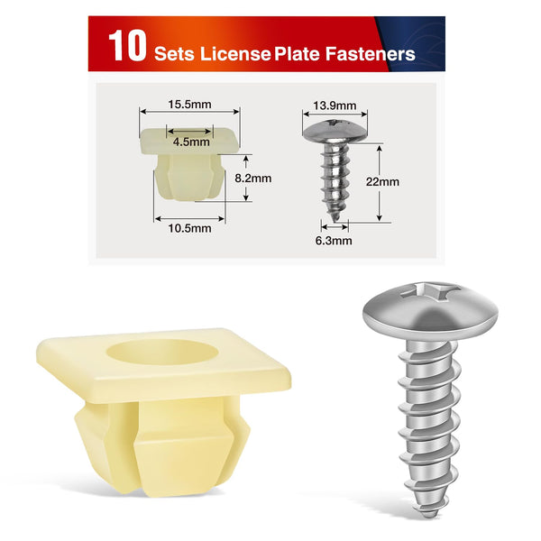 10 sets License Plate Screw Kit, Stainless Steel Screws with Nylon Nuts for Fastening Front and Back License Plates on Cars, SUVs, Trucks