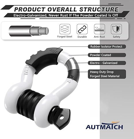 AUTMATCH D Ring Shackle 3/4" Shackles (2 Pack) 41,887Ibs Break Strength with 7/8" Screw Pin and Shackle Isolator Washers Kit for Tow Strap Winch Off Road Vehicle Recovery White & Black
