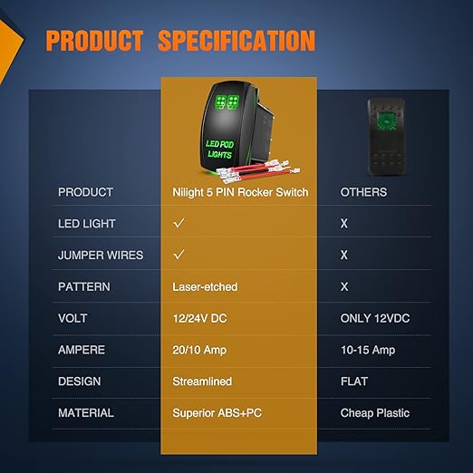 LED POD Lights Rocker Switch Led Light Bar Switch 5Pin Laser On/Off switches 20A/12V 10A/24V Switch with Jumper Wires Set for Cars,Trucks,RVs