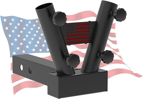 Hitch Mount Dual Flag Pole Holder Universal for Standard 2 inch Hitch Receivers - Compatible with Jeep, Truck, SUV, RV, Pickup, Camper Trailer, with Anti-Wobble Screw