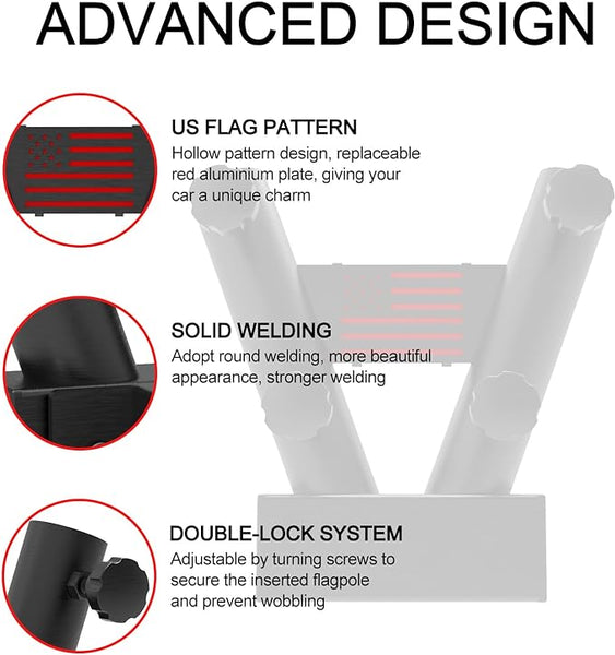 Hitch Mount Dual Flag Pole Holder Universal for Standard 2 inch Hitch Receivers - Compatible with Jeep, Truck, SUV, RV, Pickup, Camper Trailer, with Anti-Wobble Screw