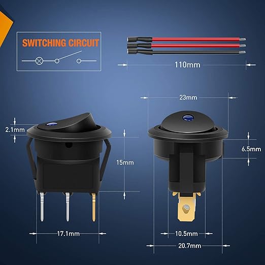 1 pc Rocker Toggle Switch 3Pins 12V 20A Wired Round LED Light Power On Off Switch SPST for Car Truck Vehicle