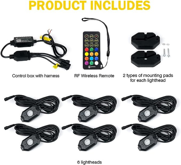 RGBW LED Rock Lights Kit with Bluetooth & Wireless Remote Controller, Multicolor Cars Underglow, Wheel, Footwell Neon Light Kits, for Off-Road UTV ATV Trucks SUV Motorcycle Boats - 6 Pods