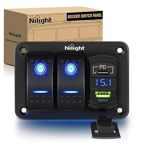 2 Gang Rocker Switch Panel Blue Backlit with PD Type C and USB Charger Voltmeter Waterproof 12V 24V DC Rocker Switch with Night Glow Stickers for Car Trucks Boats RVs