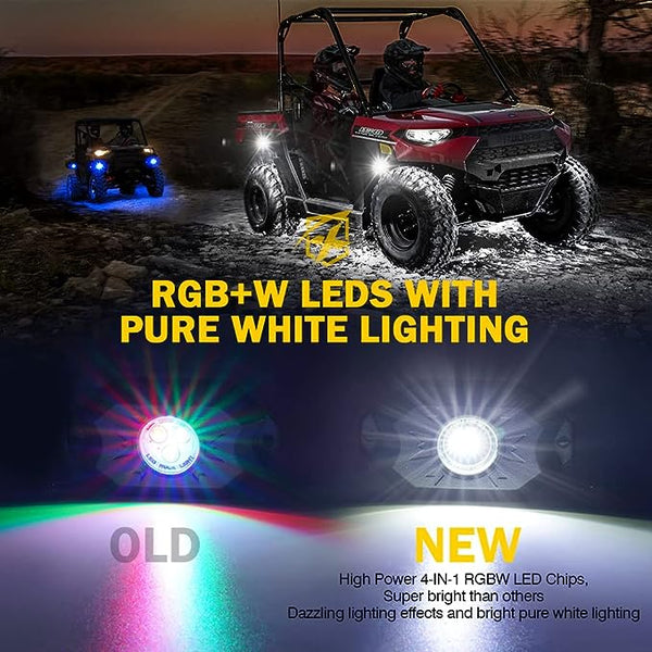 RGBW LED Rock Lights Kit with Bluetooth & Wireless Remote Controller, Multicolor Cars Underglow, Wheel, Footwell Neon Light Kits, for Off-Road UTV ATV Trucks SUV Motorcycle Boats - 6 Pods