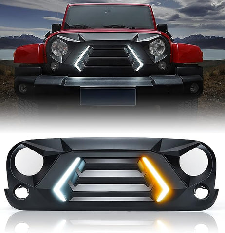 Front Grill with Turn Signals and Daytime Running Light, Matte Black Grille Compatible with 2007-2018 Jeep Wrangler JK JKU-Patent Design