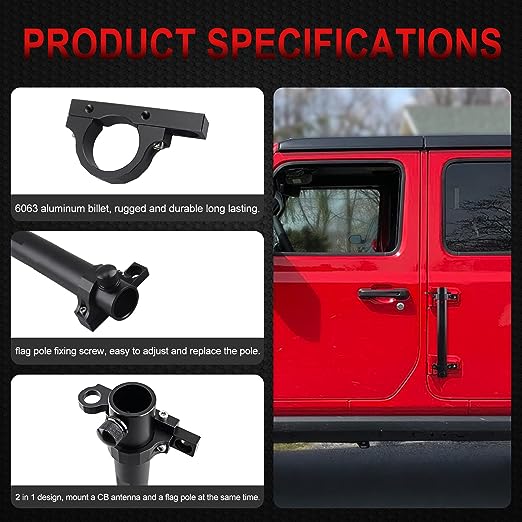 for Jeep Flag Mount- Flagpole Holder Bracket J/eep Flag Mount and Pole Tail Gate Flagpole Mount with CB Antenna Base Compatible with Jeep Wrangler JK JKU JL&Unlimited (08-22 JL)