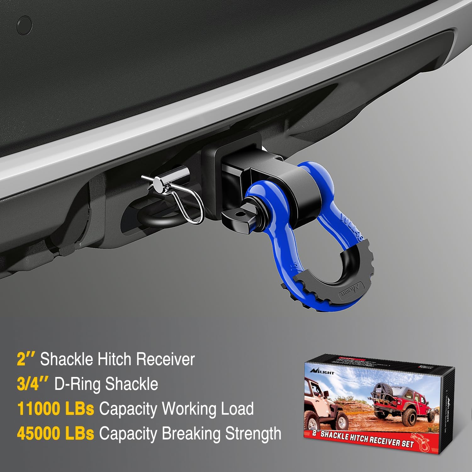 Shackle Hitch Receiver 2Inch 45000 LBs Breaking Strength 3/4" D Ring Shackle w/Trailer Hitch Pin Heavy Duty Solid Recovery Towing Kit for Trucks Jeeps Off-Road