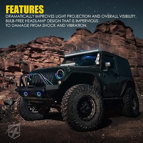7" Halo LED Headlight & Fog Light with RGB for Jeep Wrangler JK