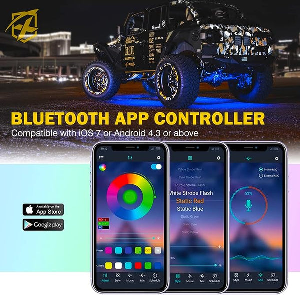 RGBW LED Rock Lights Kit with Bluetooth & Wireless Remote Controller, Multicolor Cars Underglow, Wheel, Footwell Neon Light Kits, for Off-Road UTV ATV Trucks SUV Motorcycle Boats - 6 Pods
