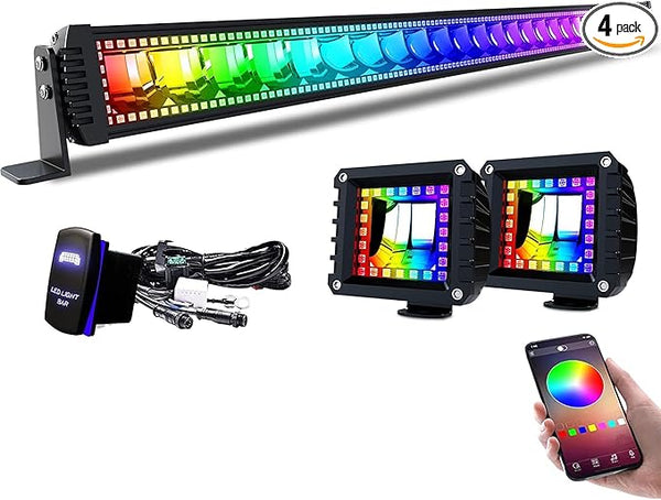 RGBW LED Light Bar 52'' inch 300W Flood Spot Combo Beam 2PCS 4 Inch 18W Flood RGB LED Pods with 16 Solid Colors Chasing RGB Halo Ring Changing with Strobe Flashing with Rocker Switch Wiring